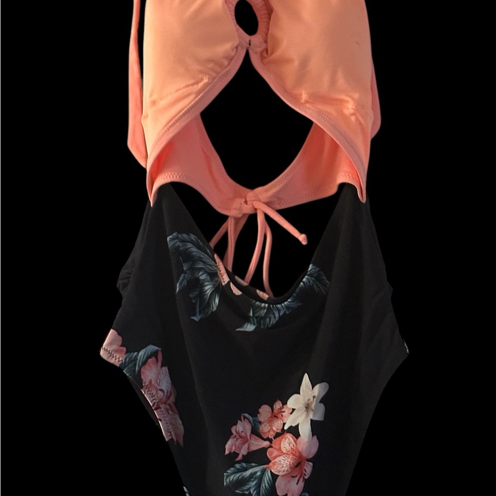 Peach and Black Floral Swimsuit